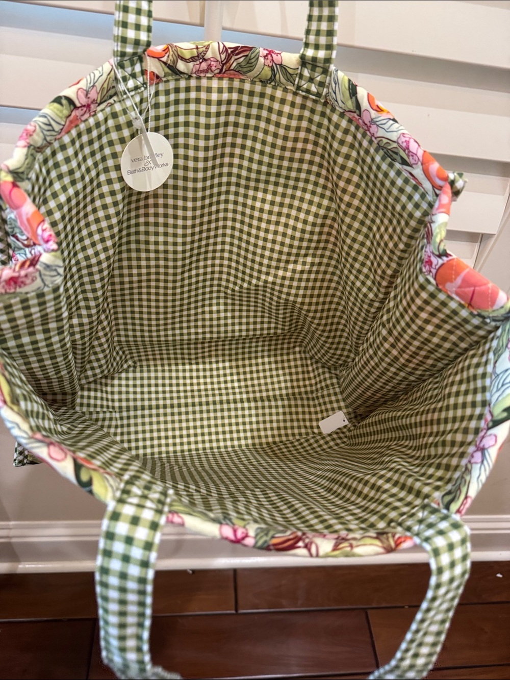 Vera Bradley Peach Floral Quilted Tote with Green Gingham Trim - Picture 4 of 5